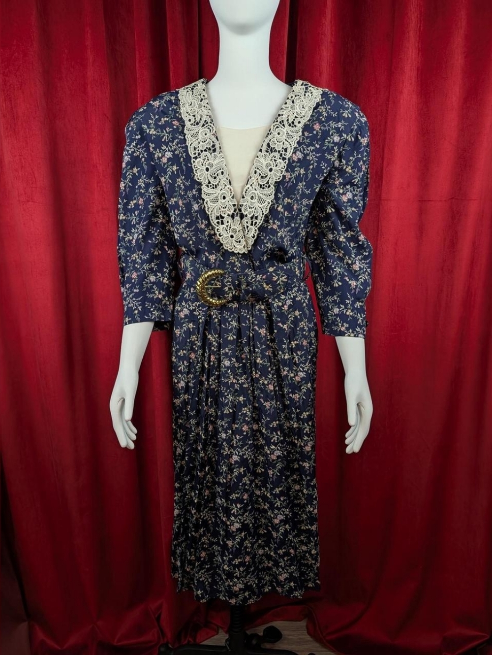 Vintage 90's S.L. Petites Navy Blue, White, Purple, & Green Floral Dress